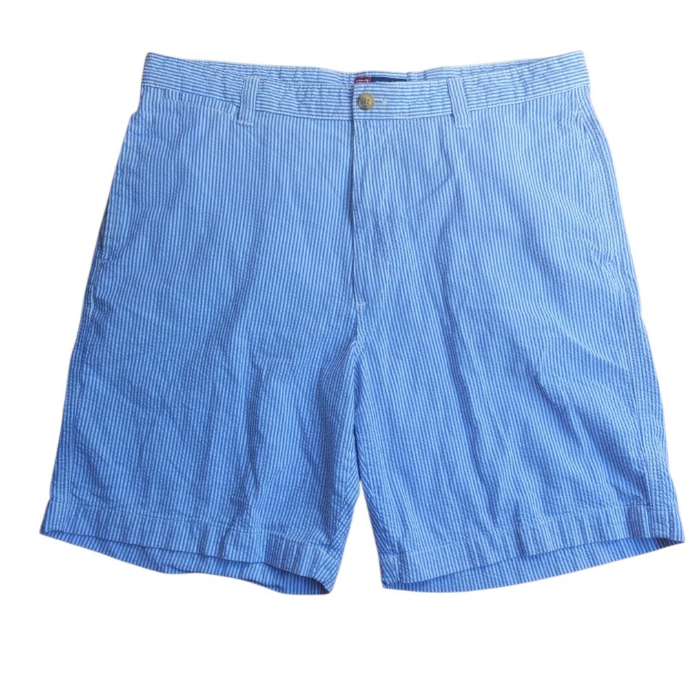 CHAPS Men's 36 Blue White Seersucker Striped Shorts 100% Cotton Preppy